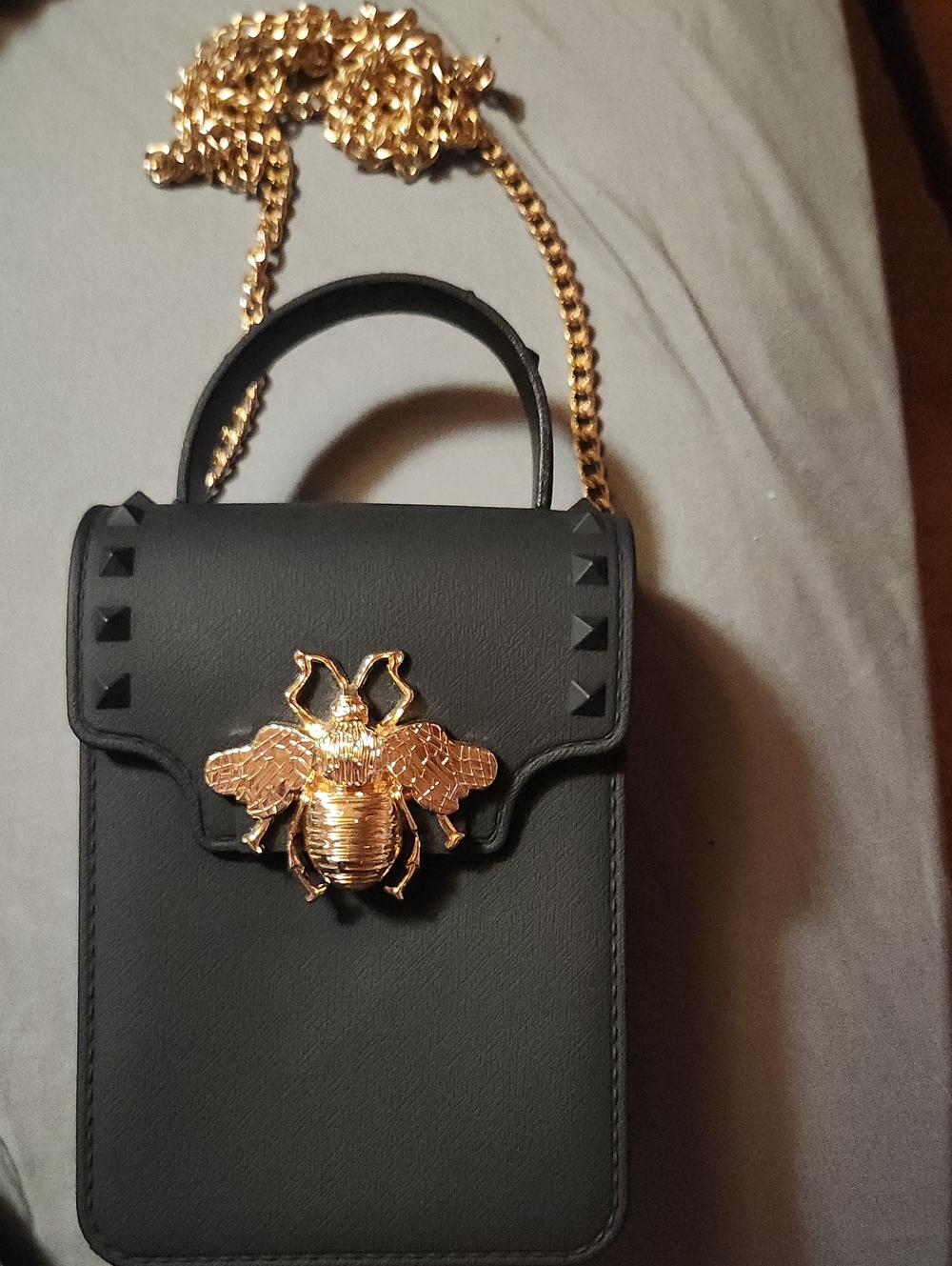 Black Crossbody Phone Bag with Gold Bee Accent